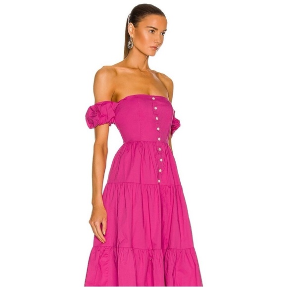 NWOT Staud Elio Puff-Sleeve Prairie button down midi pink dress sz 10 - Picture 2 of 8